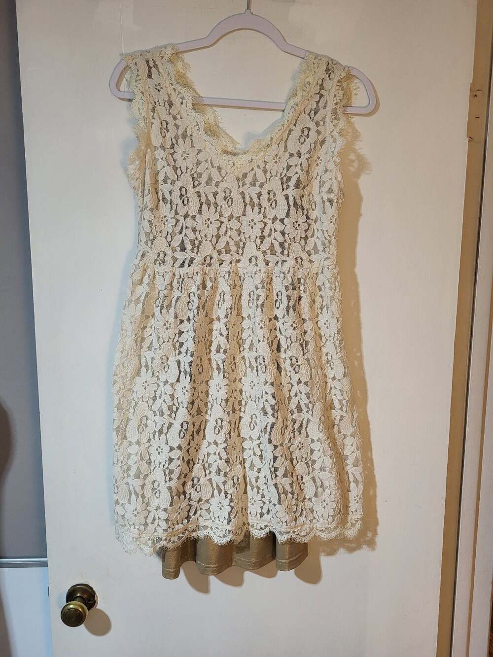 Marineblu Ivory Floral Lace Dress with Metallic Gold Slip Lining